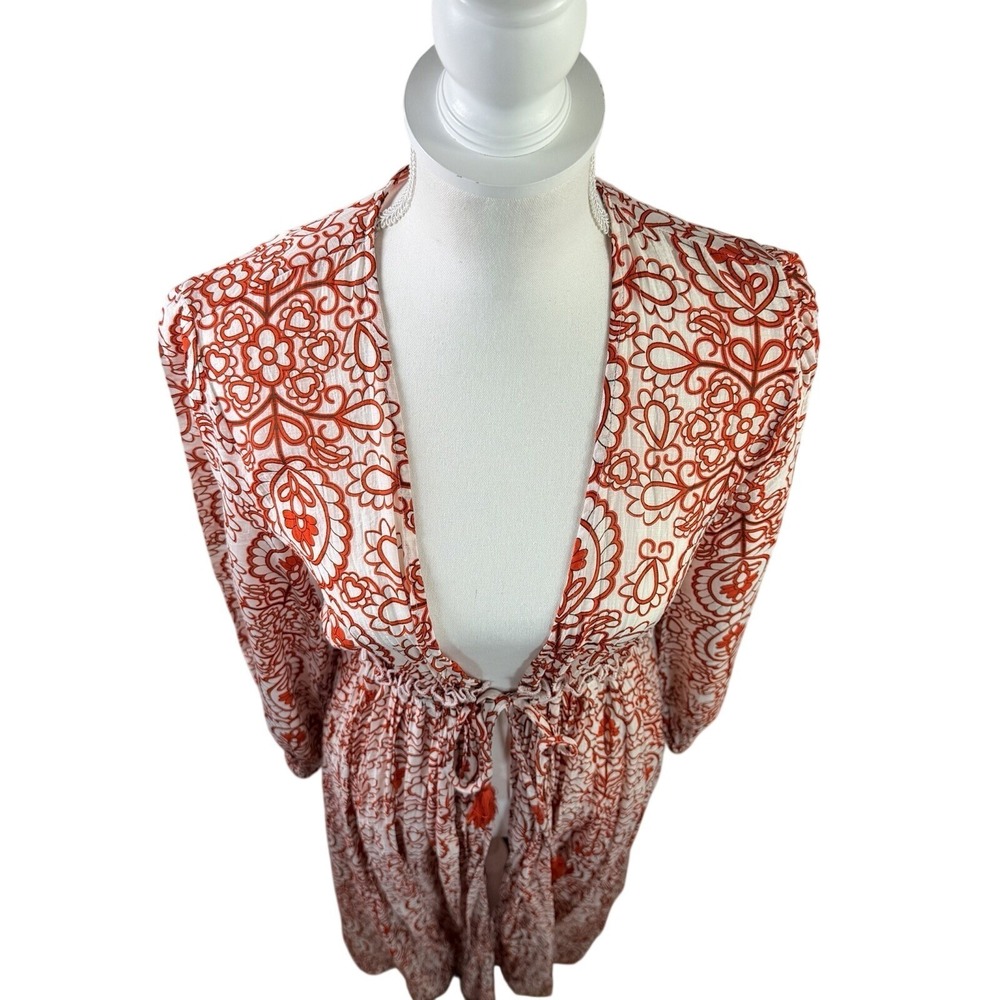 Aakaa Orange and White Paisley Flowy Boho Duster Tie Waist Open Longsleeve XS - Picture 2 of 11